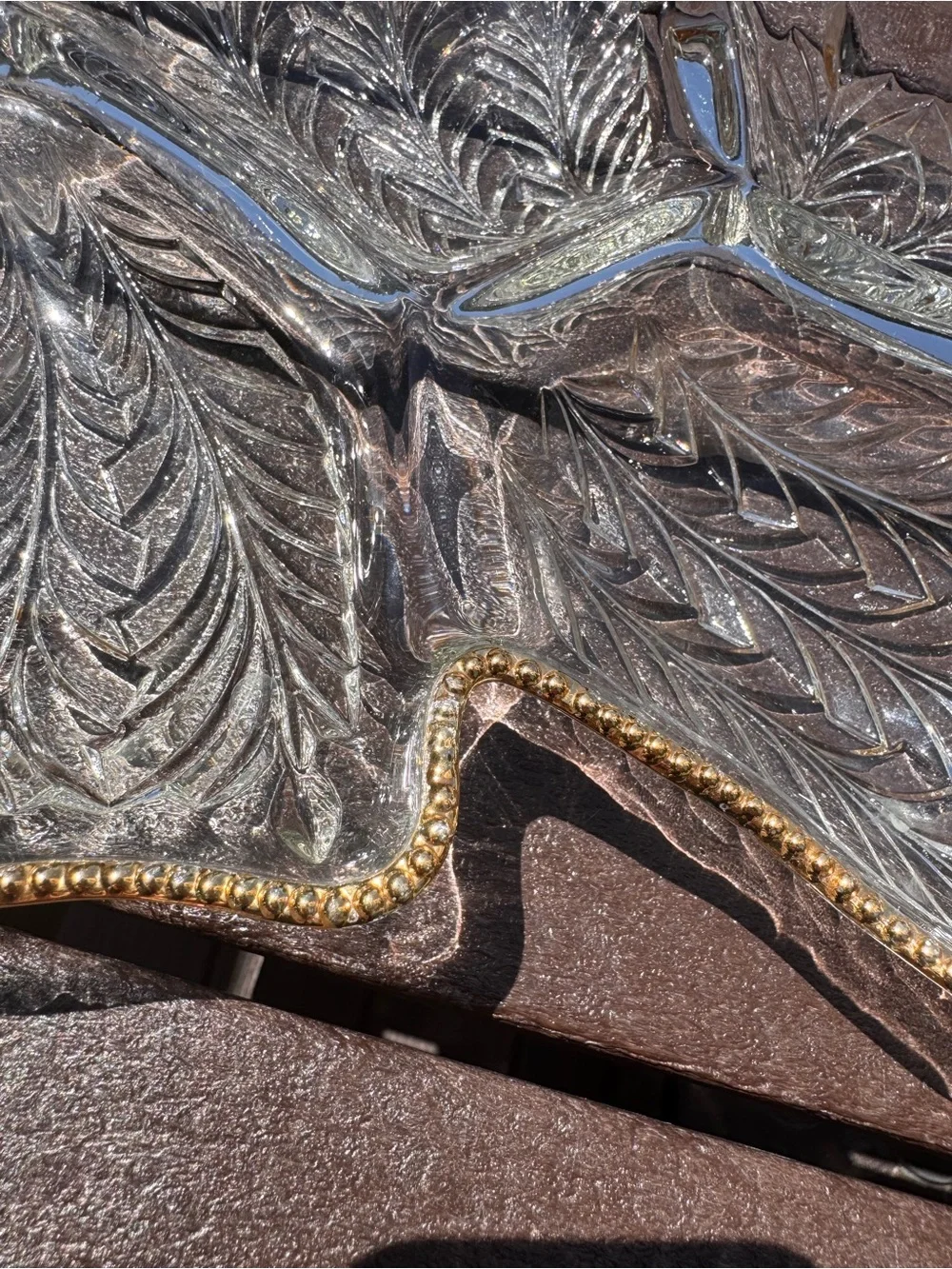 Clear Glass Leaf Serving Tray with Gold Beaded Rim